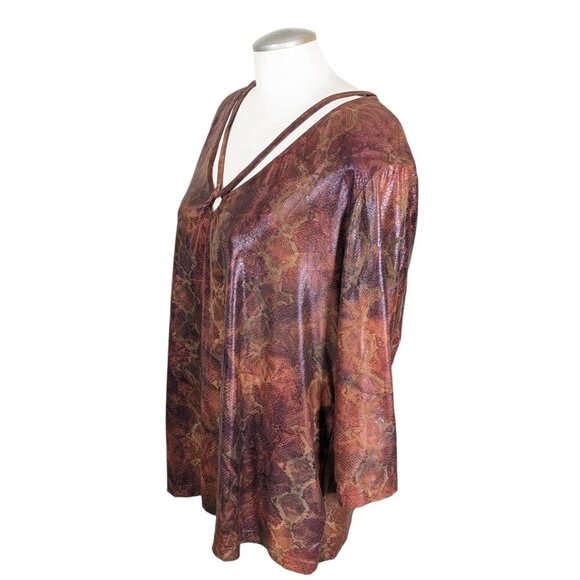 Womens Snakeskin Print Top Plus 2X Edgy Brown Leather Look Reptile Grommet - Picture 5 of 8